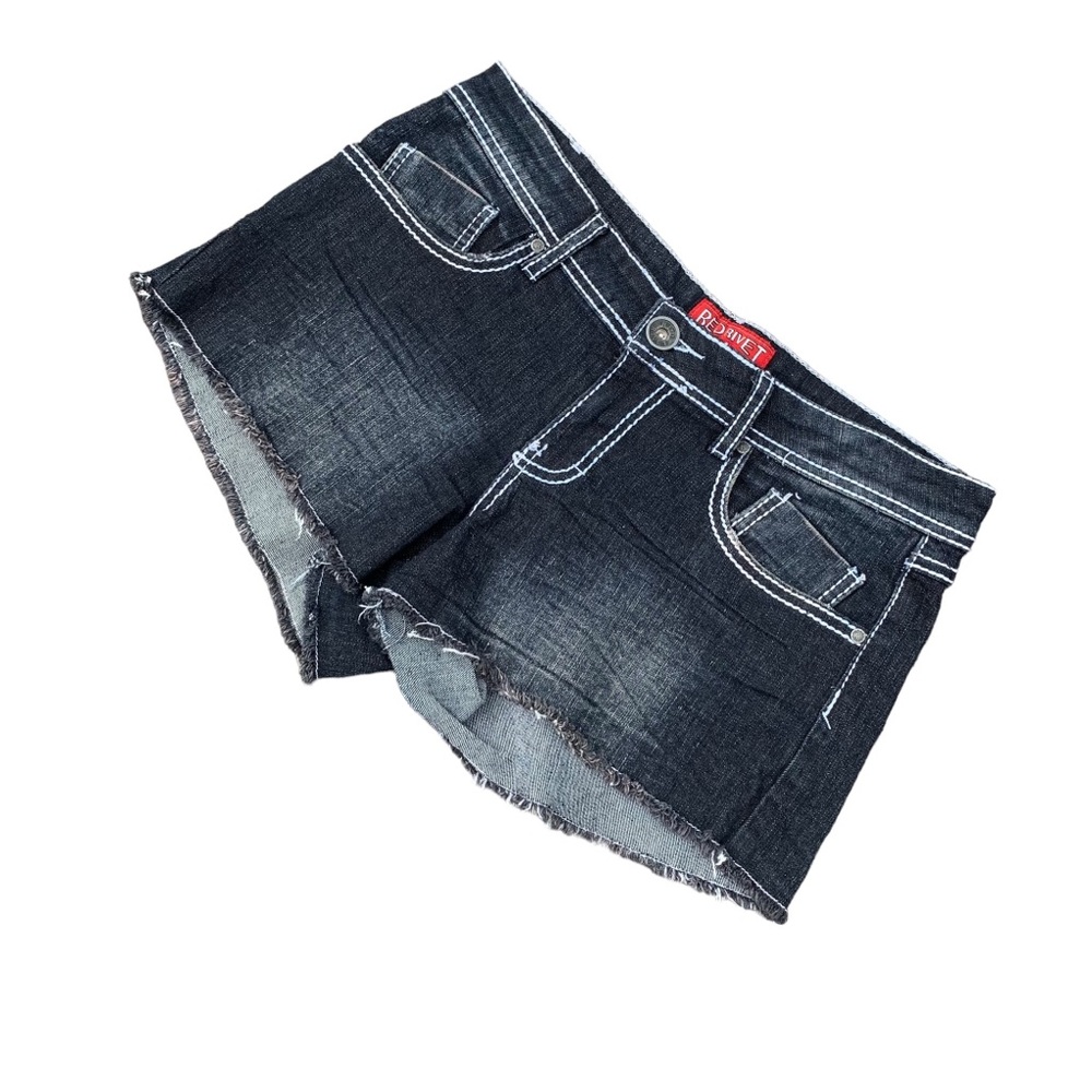 Y2k Red Rivet Faded Black Embellished Jean Shorts - image 1